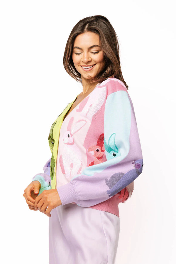 Rainbow Colorblock Easter Bunny Button Up Cardigan