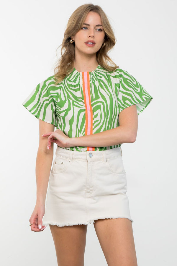 Smock Neck Print Short Sleeve Top