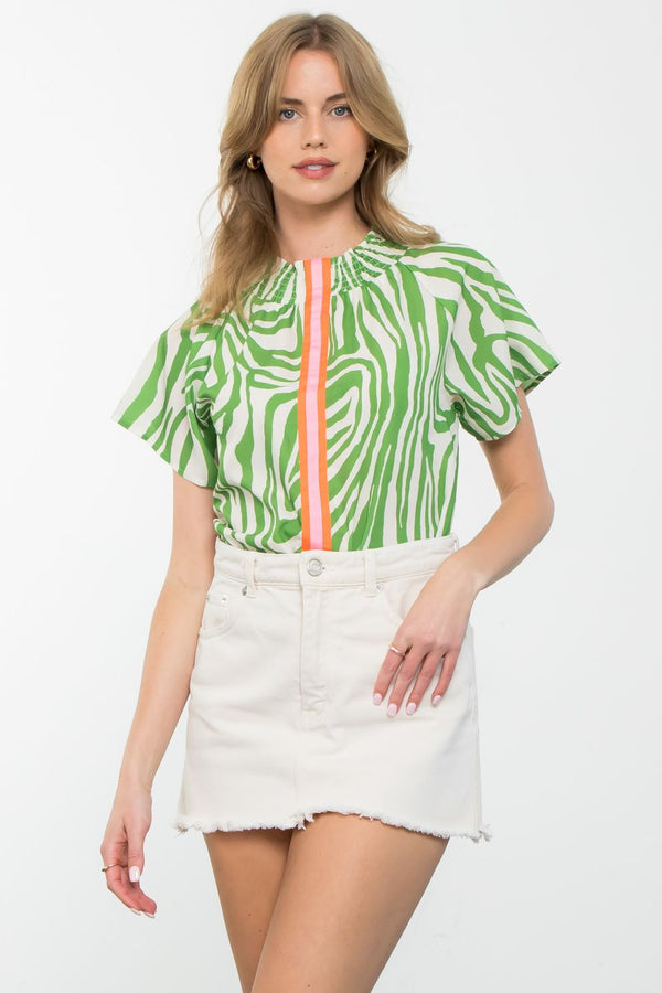 Smock Neck Print Short Sleeve Top