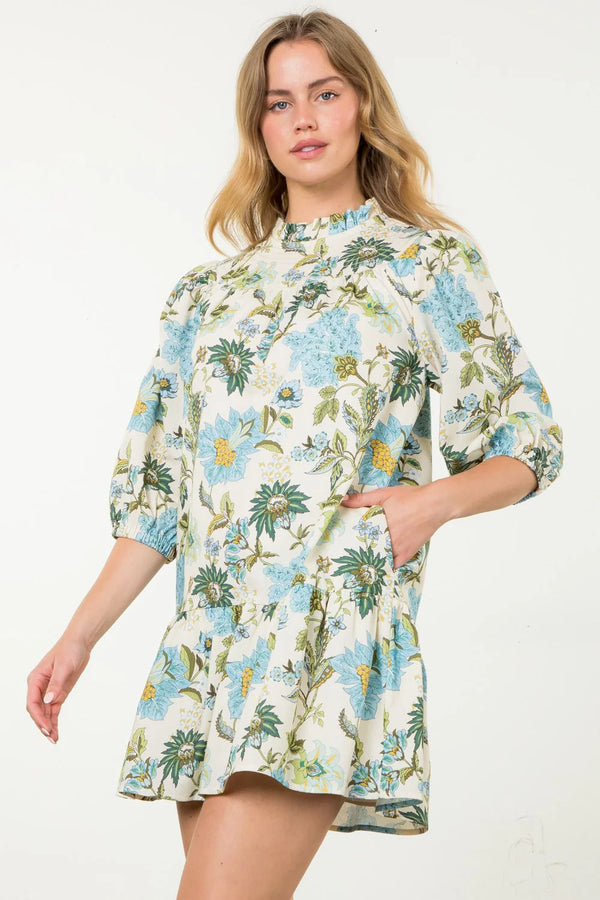 Long Sleeve Flower Print Mini Dress