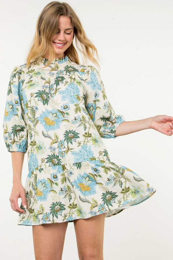 Long Sleeve Flower Print Mini Dress