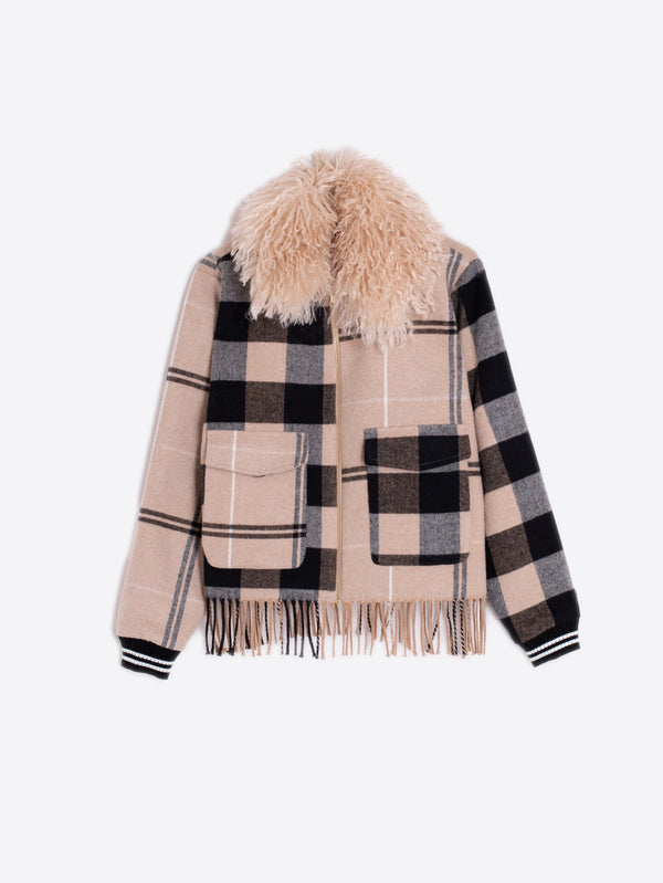 Checked Wool Bomber with Fringes