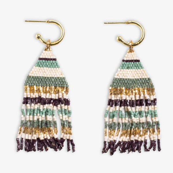 James Mini Gold Hoop Horizontal Stripes Beaded Fringe Earrings