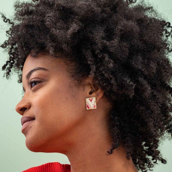 Kallie Chevron Rectangle Post Beaded Earrings Blush