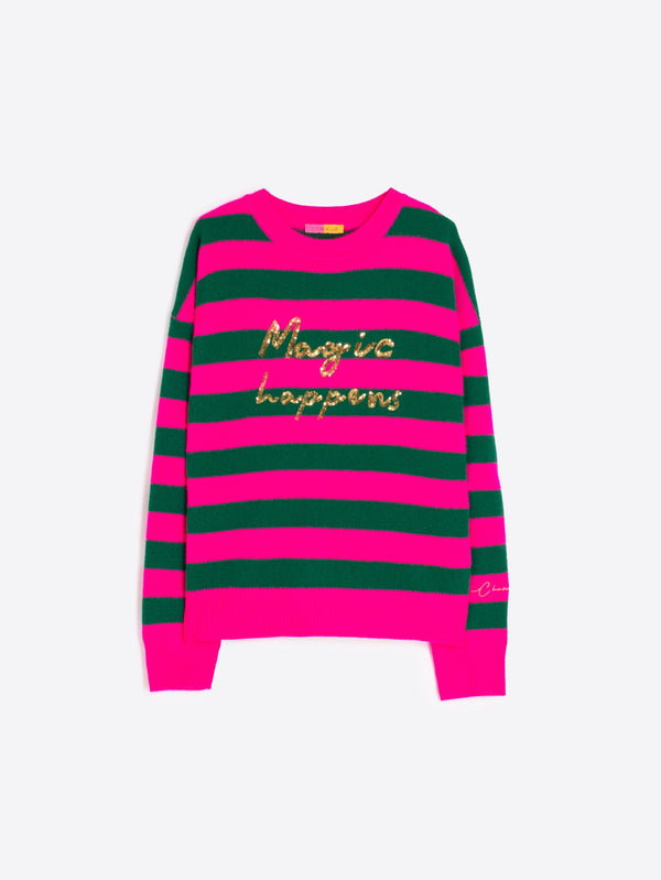 Striped "Magic Happens" Sequin Sweater