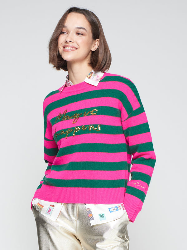 Striped "Magic Happens" Sequin Sweater