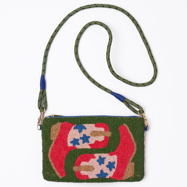 Leila Red Boots Seed Bead Clutch with Strap