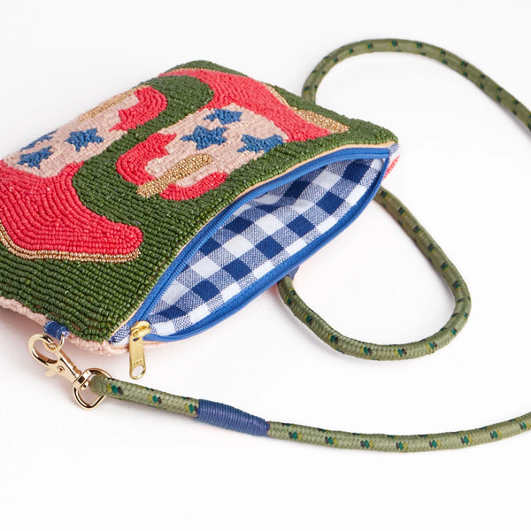 Leila Red Boots Seed Bead Clutch with Strap