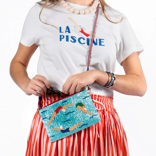 Leila Swimmers Seed Bead Clutch with Strap