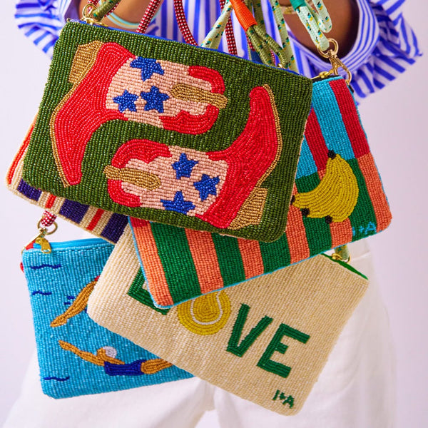 Leila Swimmers Seed Bead Clutch with Strap