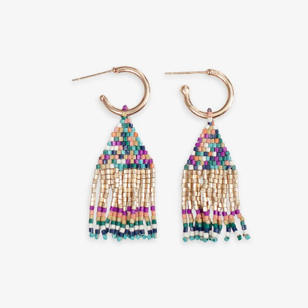 Leta Mini Gold Hoop Confetti Top And Stripe Short Fringe Earrings