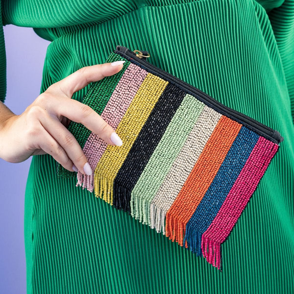 Margaret Striped with Fringe Seed Bead Clutch