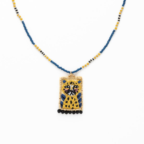 Robin Beaded Necklace with Embroidered Cheetah Pendant Multi