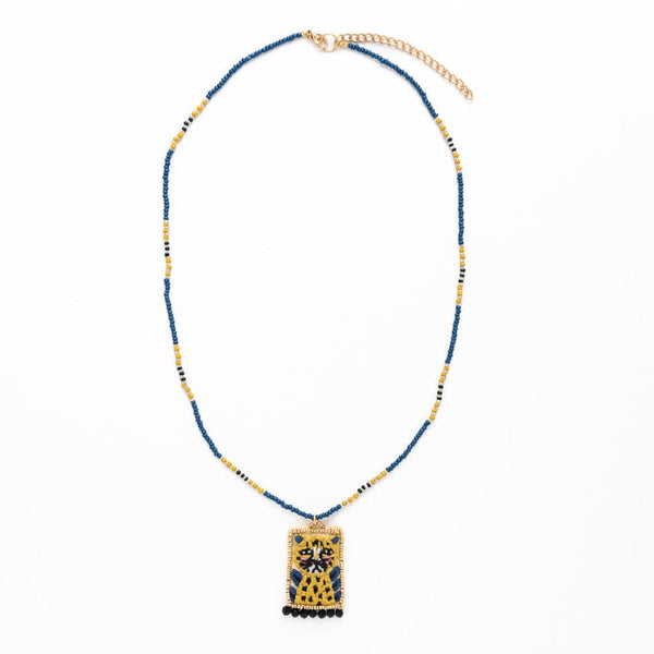 Robin Beaded Necklace with Embroidered Cheetah Pendant Multi