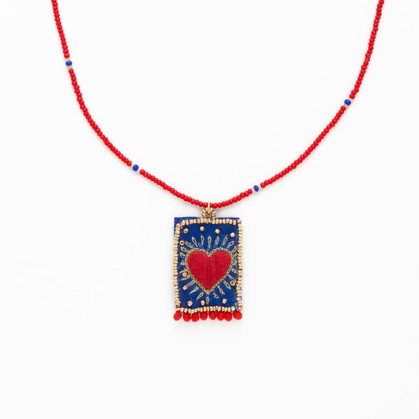 Robin Beaded Necklace with Embroidered Heart Red
