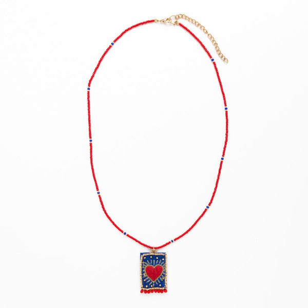 Robin Beaded Necklace with Embroidered Heart Red