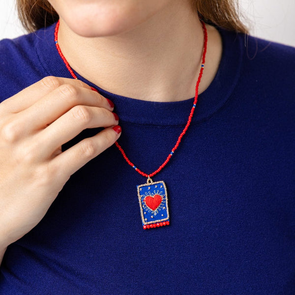 Robin Beaded Necklace with Embroidered Heart Red
