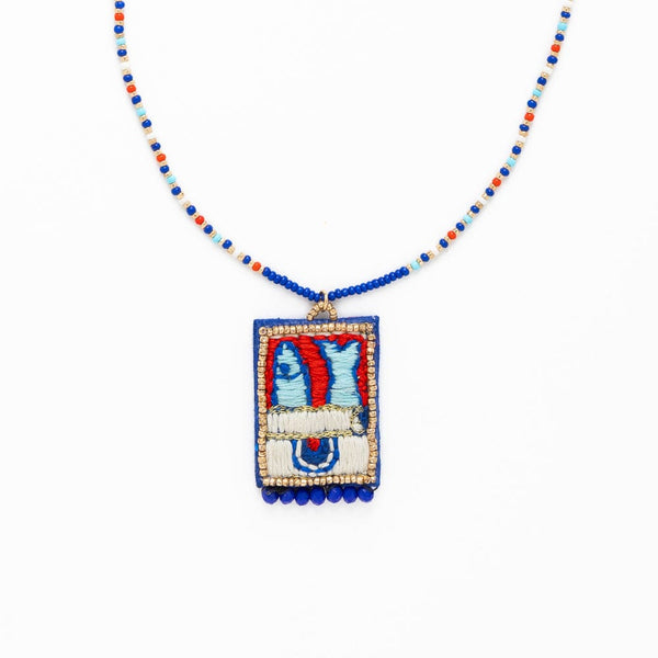 Robin Beaded Necklace with Embroidered Sardine Blue