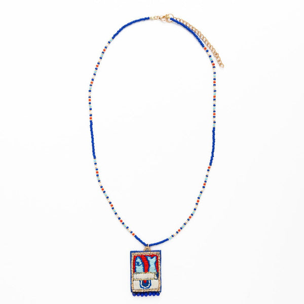 Robin Beaded Necklace with Embroidered Sardine Blue