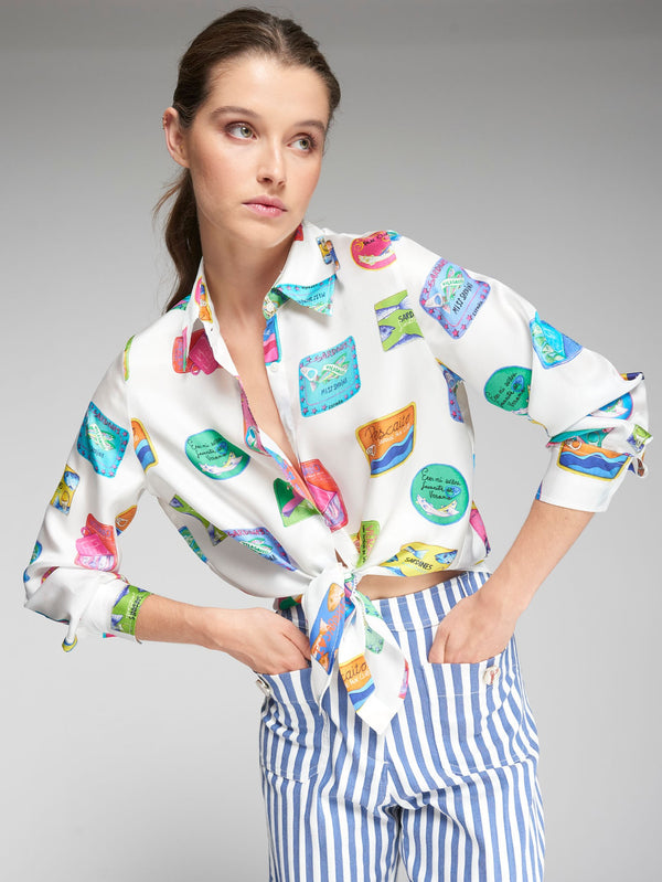 Mafalda Sardines Print Silk Shirt