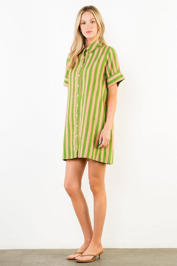 Short Sleeve Striped Button Up Dress