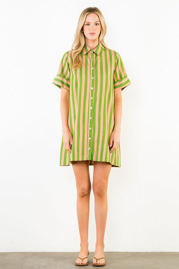 Short Sleeve Striped Button Up Dress