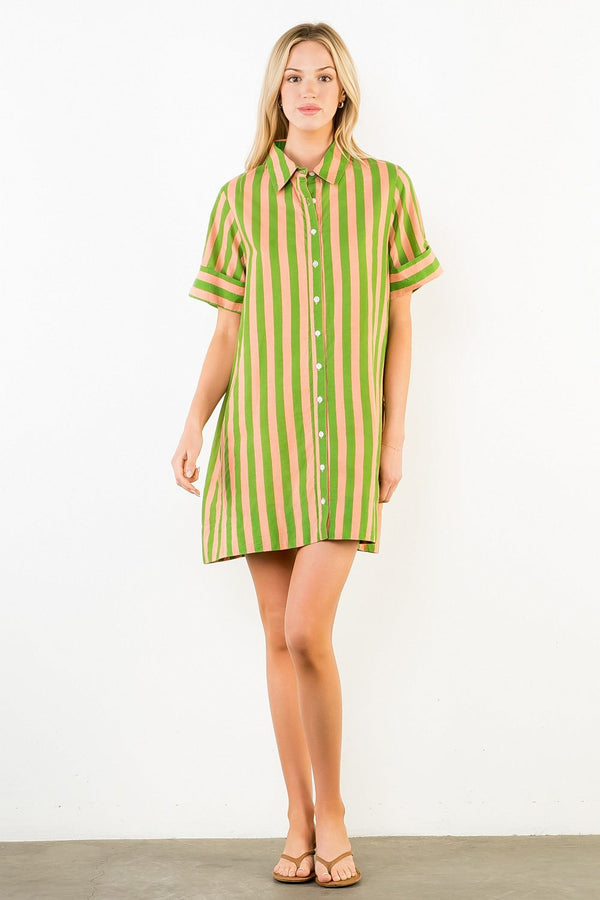 Short Sleeve Striped Button Up Dress