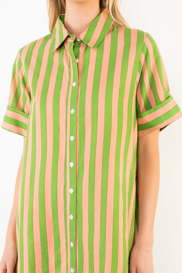 Short Sleeve Striped Button Up Dress
