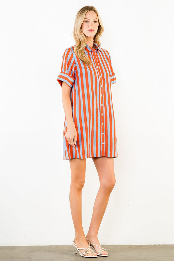 Short Sleeve Striped Button Up Dress