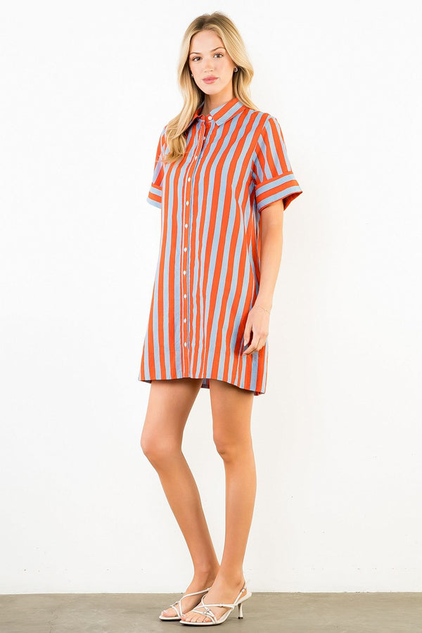 Short Sleeve Striped Button Up Dress