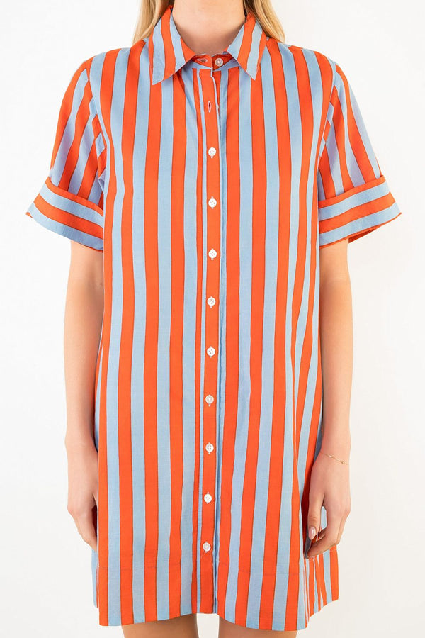 Short Sleeve Striped Button Up Dress