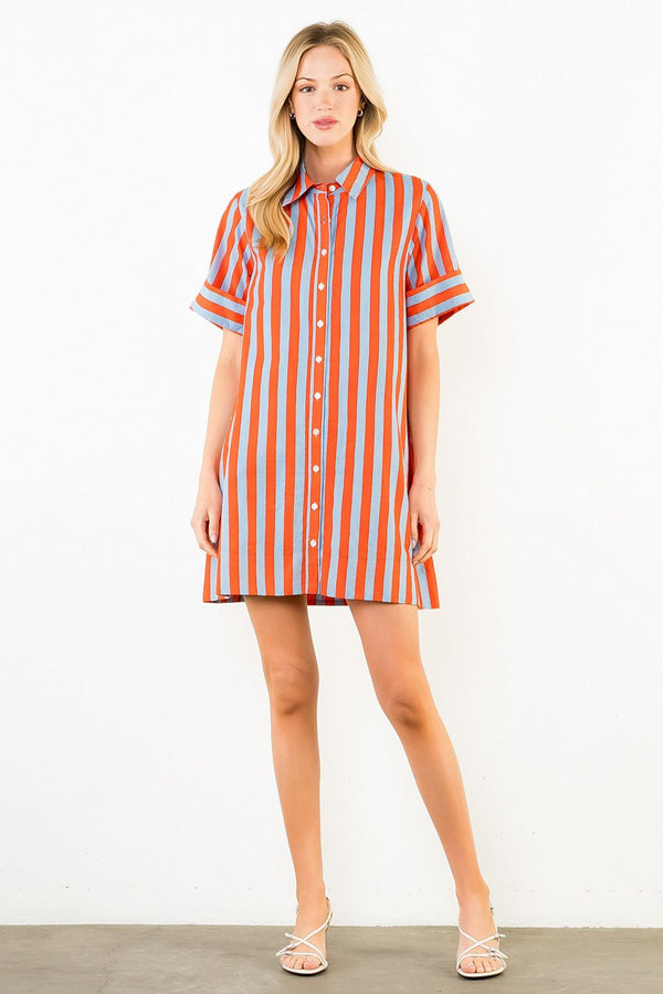 Short Sleeve Striped Button Up Dress