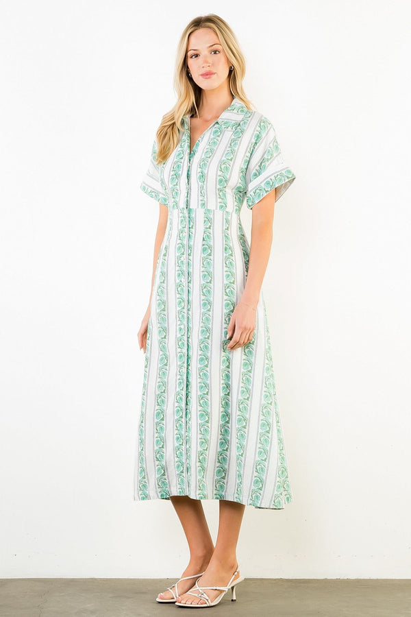 Short Sleeve Pattern Detail Button Down Dress