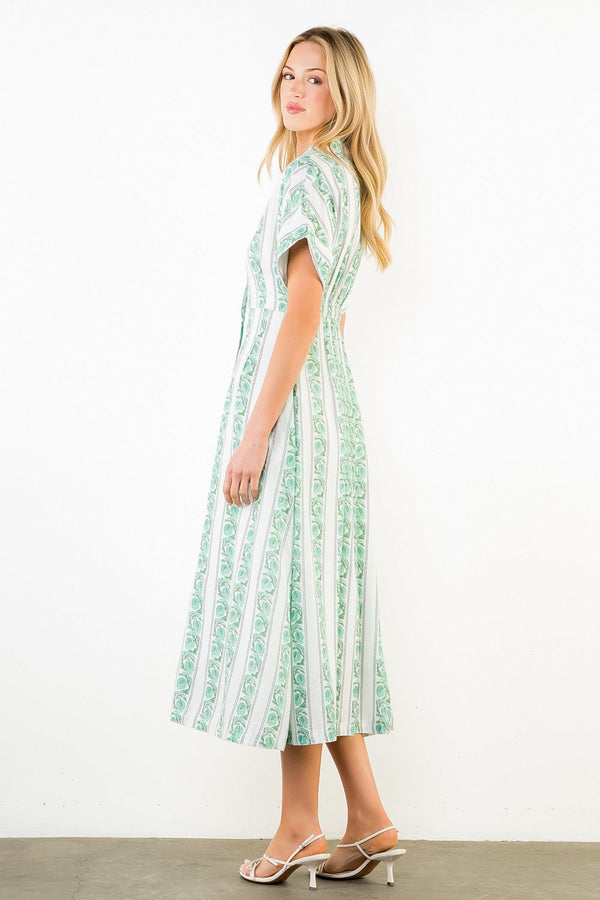 Short Sleeve Pattern Detail Button Down Dress