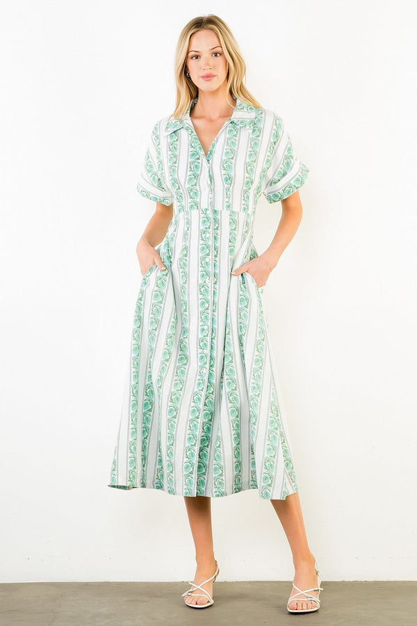 Short Sleeve Pattern Detail Button Down Dress