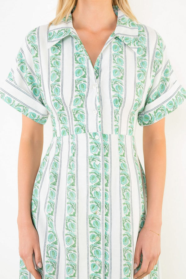 Short Sleeve Pattern Detail Button Down Dress