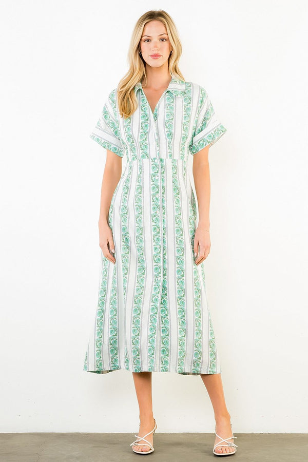 Short Sleeve Pattern Detail Button Down Dress