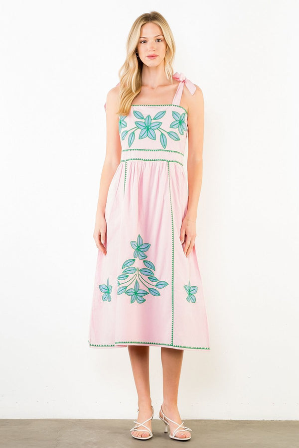 Embroidered Tie Strap Midi Dress