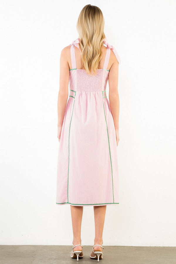 Embroidered Tie Strap Midi Dress