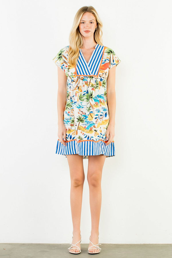 Short Sleeve Tropical Print V-Neck Dress