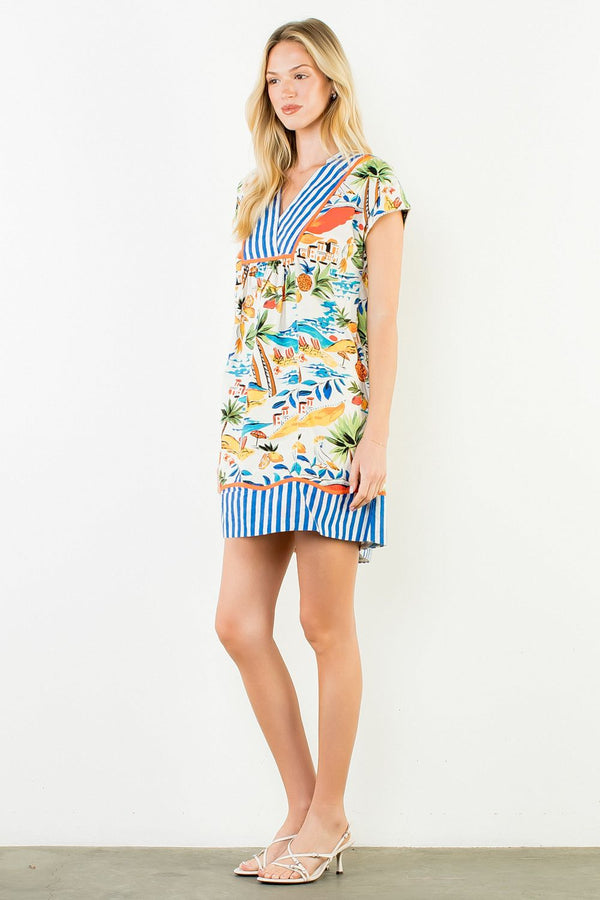 Short Sleeve Tropical Print V-Neck Dress