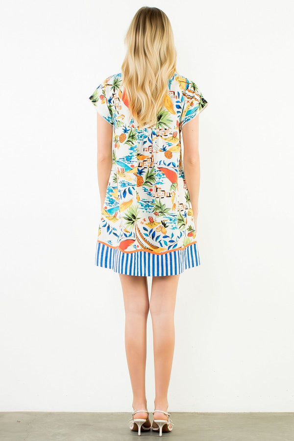 Short Sleeve Tropical Print V-Neck Dress
