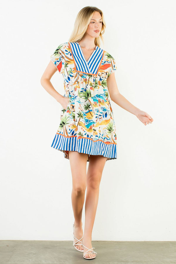 Short Sleeve Tropical Print V-Neck Dress