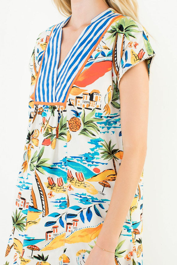 Short Sleeve Tropical Print V-Neck Dress