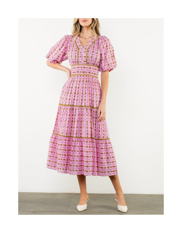 Puff Sleeve Tiered Print Dress