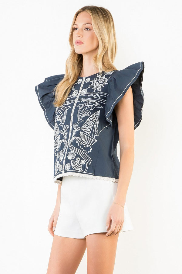 Ruffle Sleeves Embroidery Detail Top