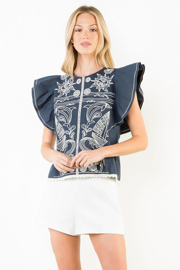 Ruffle Sleeves Embroidery Detail Top