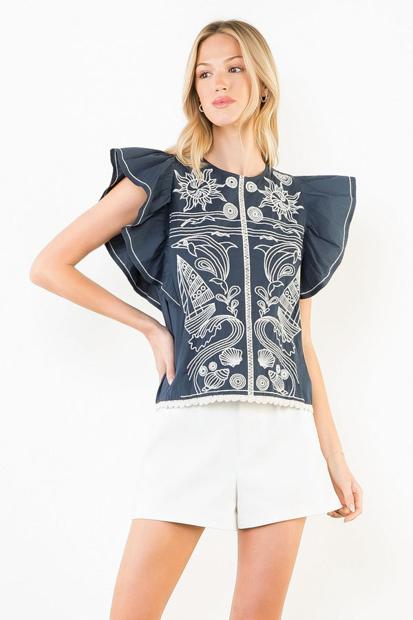 Ruffle Sleeves Embroidery Detail Top