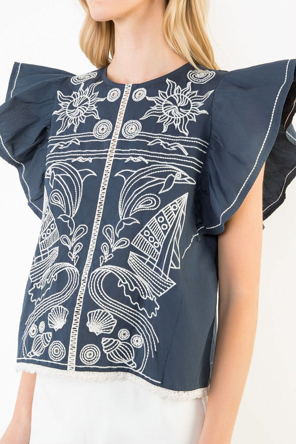 Ruffle Sleeves Embroidery Detail Top