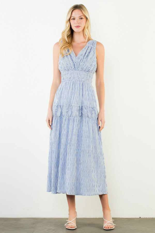 Sleeveless Vertical Striped Tiered Dress